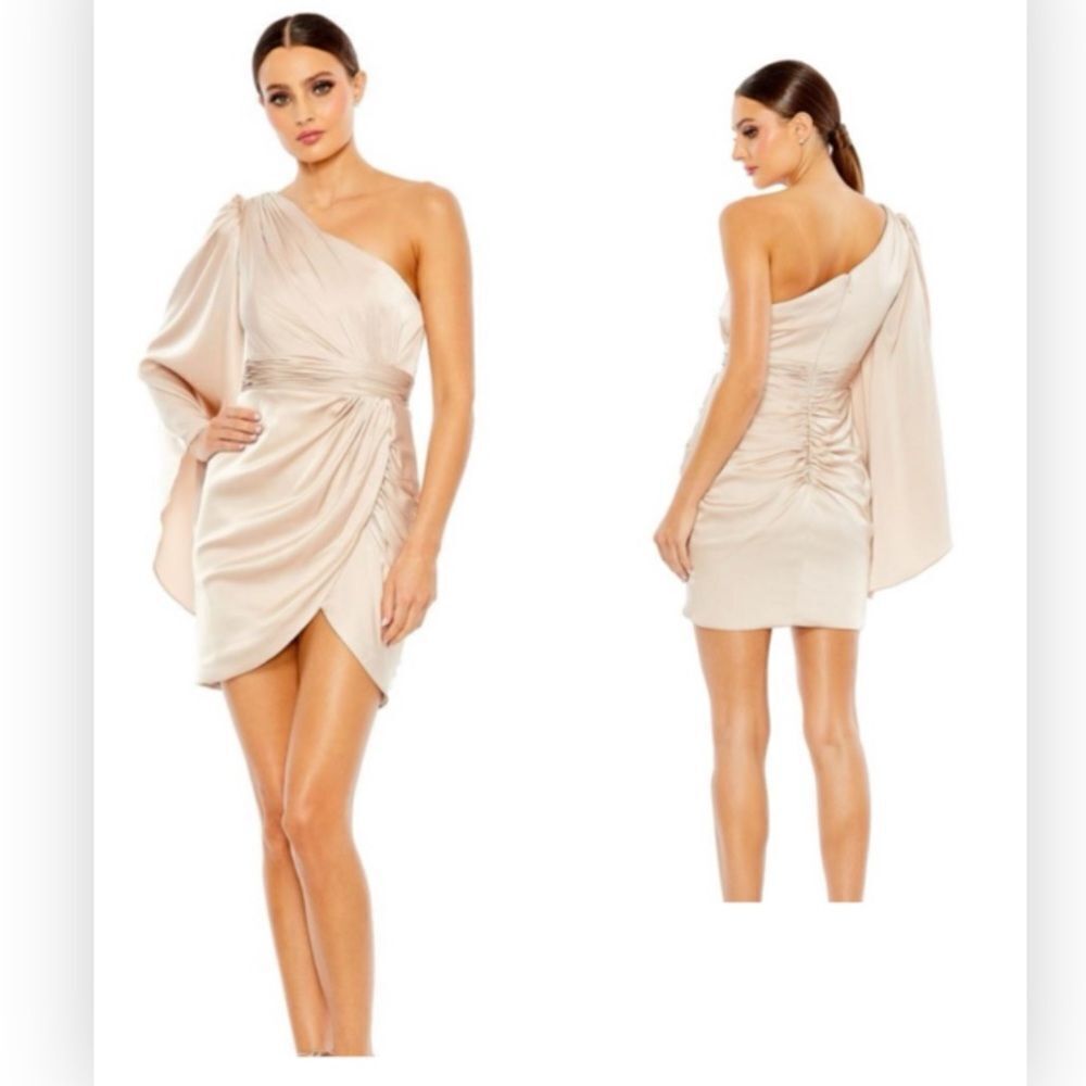 Mac Duggal 68302 One Shoulder Satin Sheath Mini Dress $358